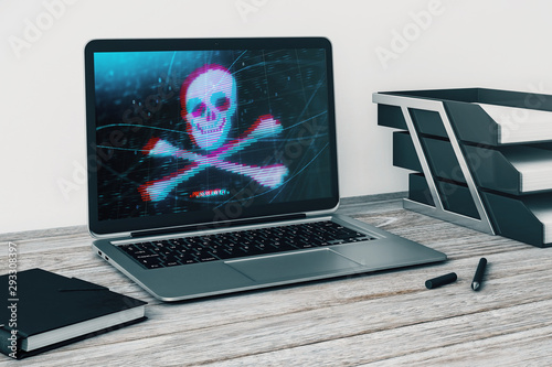 Laptop closeup with cyberpiracy drawing on computer screen. Data safety concept. 3d rendering.