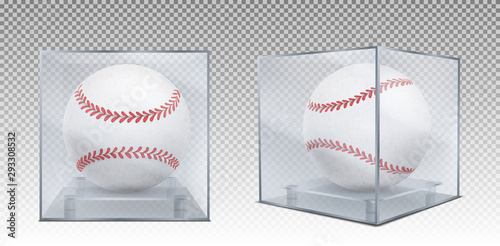 Baseball balls in glass case front and corner view. Sports game trophy, prize in plastic box for display isolated on transparent background. Tournament sport equipment Realistic 3d vector illustration