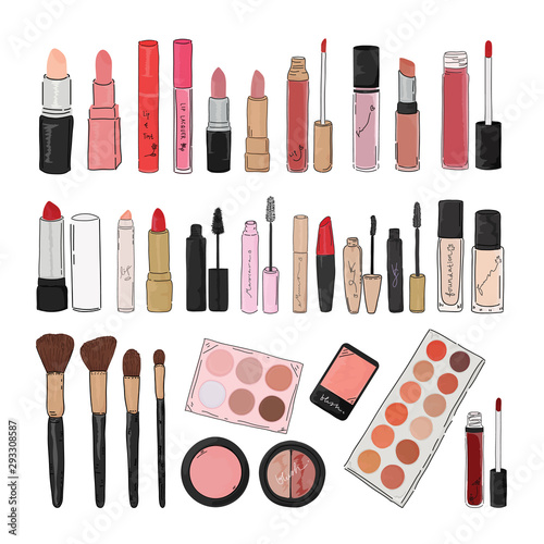 Cosmetics and make up objects and wellness items set in hand drawn doodle style vector.