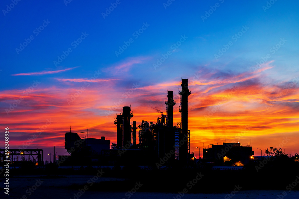 Black silhouette Petrochemical plant at sunset, Twilight and Night.