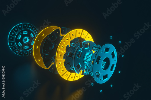 3d rendering. Spare parts for car and truck clutch disk. Auto parts for transmission. Separate image of all in clutch disk objects. photo