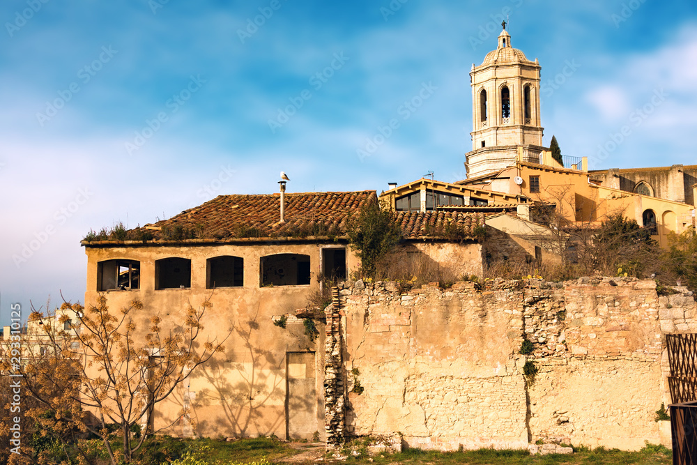 Fototapeta premium Girona Cathedral, Cathedral of Saint Mary of Girona, in winter day, Girona landmark