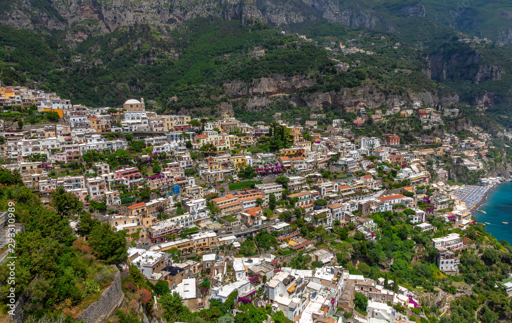 Positano Panoramic View. Beautiful cliff view of Positano at daytime, with its colorful buildings. Amalfi coast situated in province of Salerno, in the region of Campania, Italy.