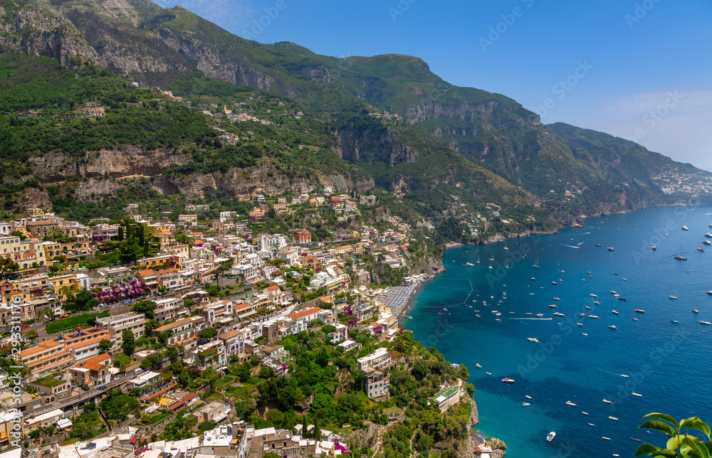 Positano Panoramic View. Beautiful cliff view of Positano at daytime, with its colorful buildings. Amalfi coast situated in province of Salerno, in the region of Campania, Italy.
