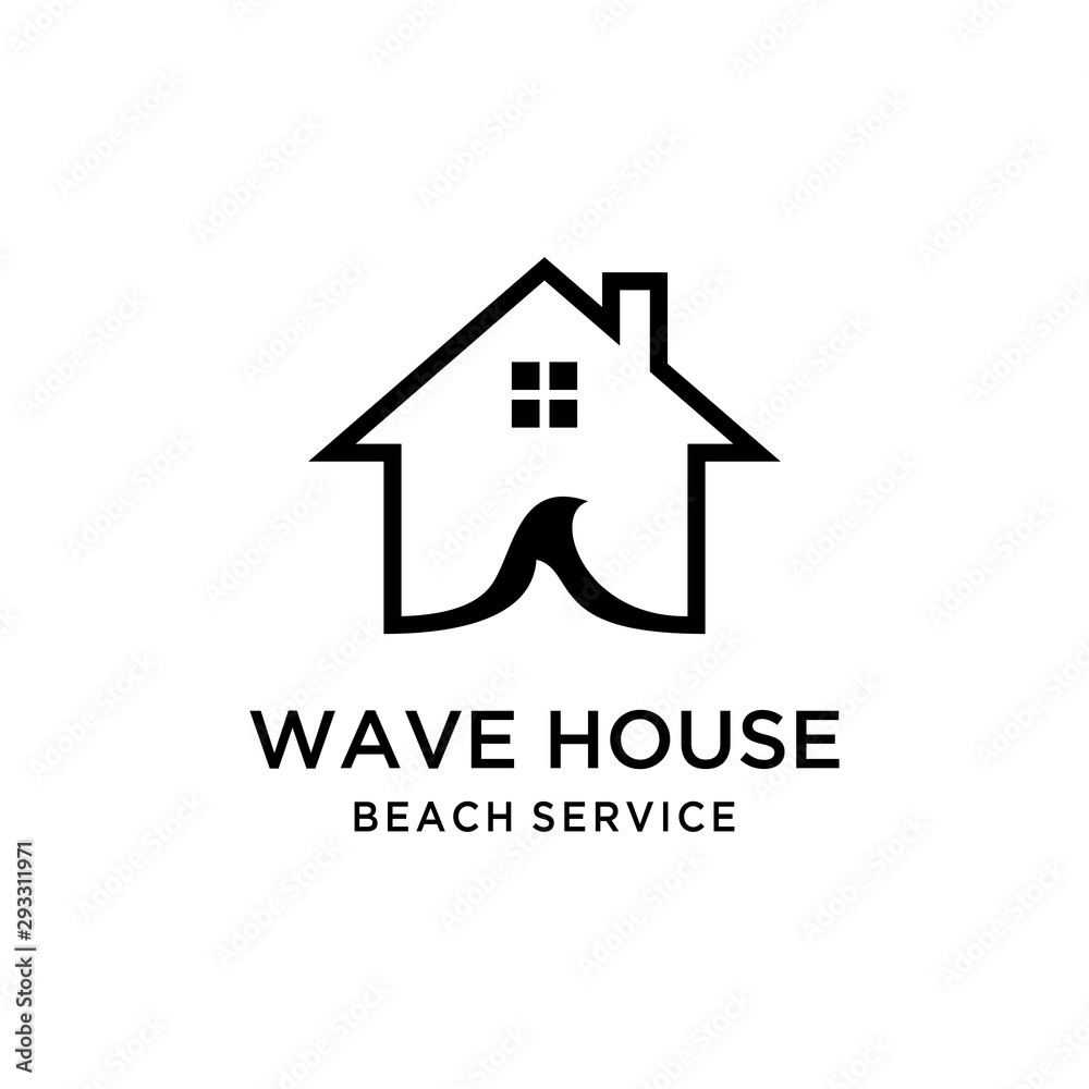Illustration of a modern small house with a sea wave sign inside logo design