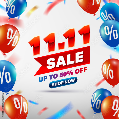 11.11 day sale poster or flyer design.Singles Day sale banner concept with red and blue balloon.Sale promotion advertising Brochures,Poster or Banner for November 11 shopping day.Vector illustration