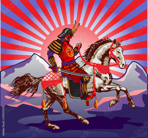 vector image of a samurai on a horse against the backdrop of the rising sun in vintage asian style