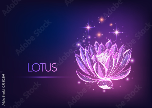 Futuristic glowing low polygonal waterlily, lotus flower with stars isolated on dark blue to purple gradient background.