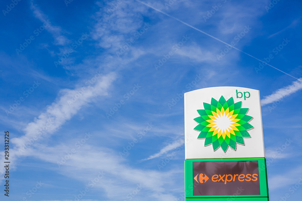 BP logo on its gas service station Stock Photo | Adobe Stock