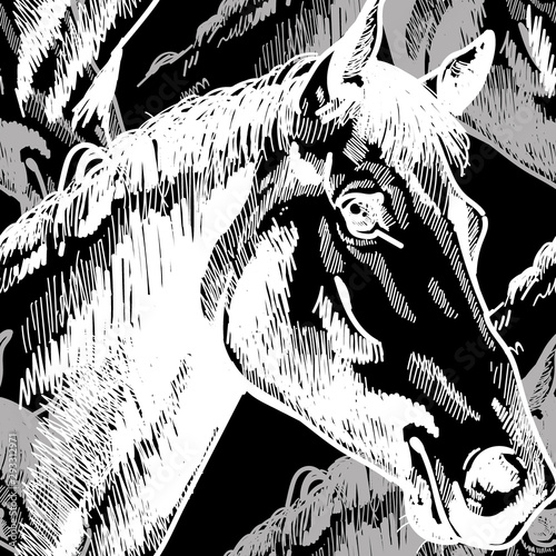 Seamless pattern with horses in vintage style . Realistic drawing by hand.
