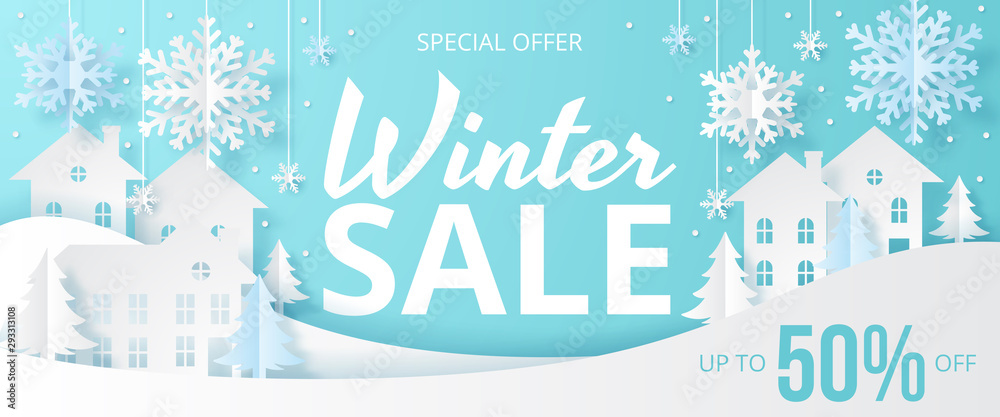 Winter sale banner with house, snow and tree. Papercut vector design. Vector illustration.