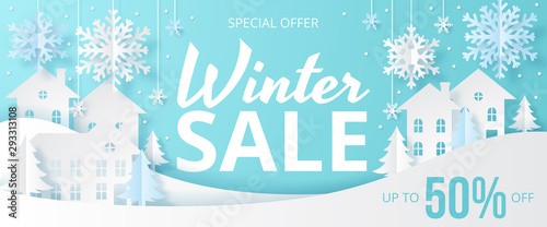 Winter sale banner with house, snow and tree. Papercut vector design. Vector illustration.