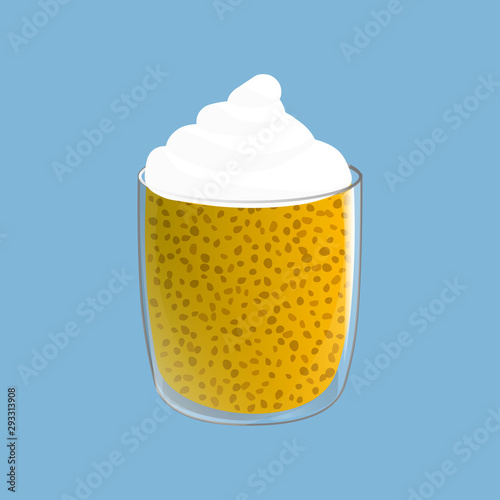 Chia seed pudding. Healthy vegan snack in glass. Vector illstration isolated on blue background.