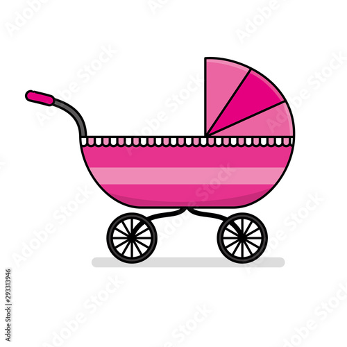 Pink baby stroller vector illustration isolated on white background