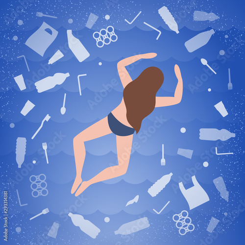 Ecological poster. Woman swim in sea, water, ocean. There are plastic garbage, bottle, bag on blue background in the water. Ocean plastic pollution problem. Flat design.