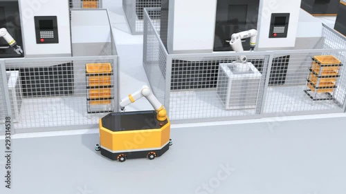 Mobile robot passing CNC robot cells in factory. Smart factory concept. 3D rendering animation.