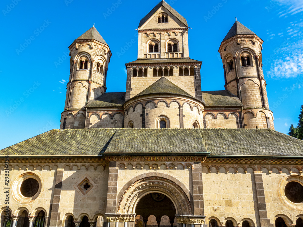 Maria Laach Abbey, a Benedictine abbey on the southwestern shore of the Laacher See, Lake Laach near Andernach, Eifel region, Rhineland-Palatinate Germany, facade partial view