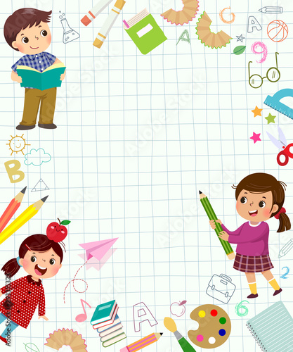 Template for advertising background in learning concept with three pupils. Back to school banners.