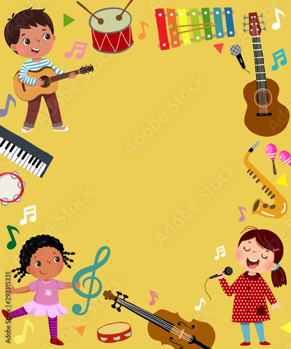 Template for advertising background in music concept with three kid musicians.