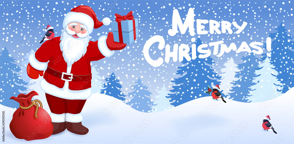 Cartoon Santa Claus with gift box on background of Christmas snowfall in  forest and inscription 