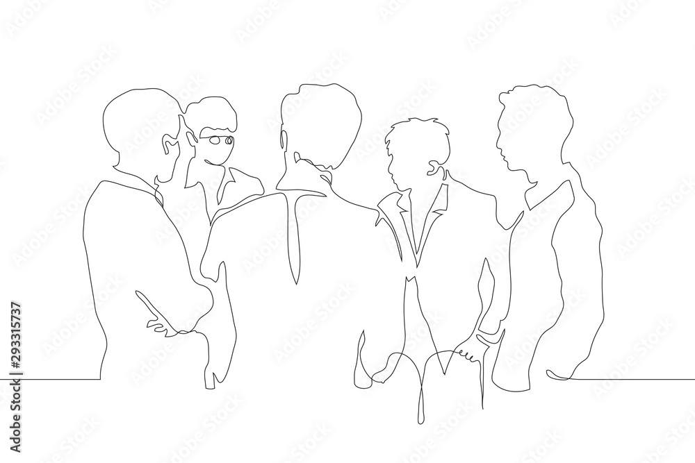 A continuous line drawing of a crowd of men in suits, one of them says the rest are watching and listening to him. The concept of discussion, friendship, informal conversation, successful negotiations A continuous line drawing of a crowd of men in suits, one of them says the rest are watching and listening to him. The concept of discussion, friendship, informal conversation, successful negotiations