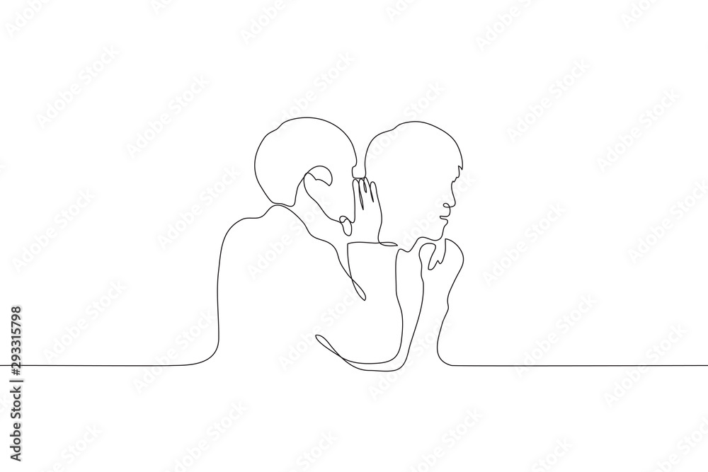 A continuous line art silhouette of two men, one of whom whispers in the ear of the other. Share a secret with a friend. Gossips. Can be used for animation. Vector A continuous line art silhouette of two men, one of whom whispers in the ear of the other. Share a secret with a friend. Gossips. Can be used for animation. Vector