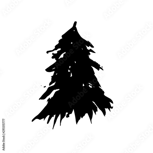 Fir tree silhouettes. Black grunge Christmas tree. Watercolor spruce isolated on white background. Vector illustration