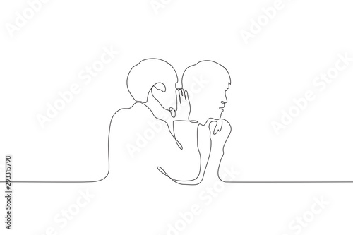 A continuous line art silhouette of two men, one of whom whispers in the ear of the other. Share a secret with a friend. Gossips. Can be used for animation. Vector
