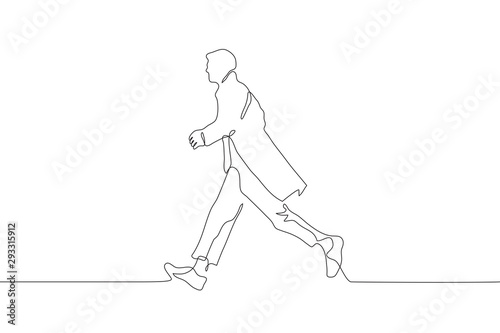 continuous line art full length silhouette of a man in a hurry somewhere. Profile of a young man wearing a long coat and walking in wide strides. It can be used for animation. Vector