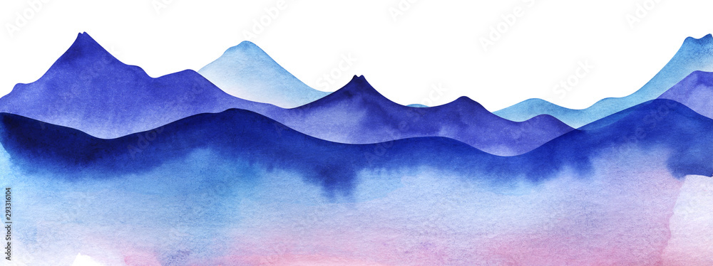 Silhouette of watercolor mountains. Colored Light and bright blue mountain ranges. Decorative element page design. Gradient from dark to pale Mountain border. Hand drawn illustration on texture paper