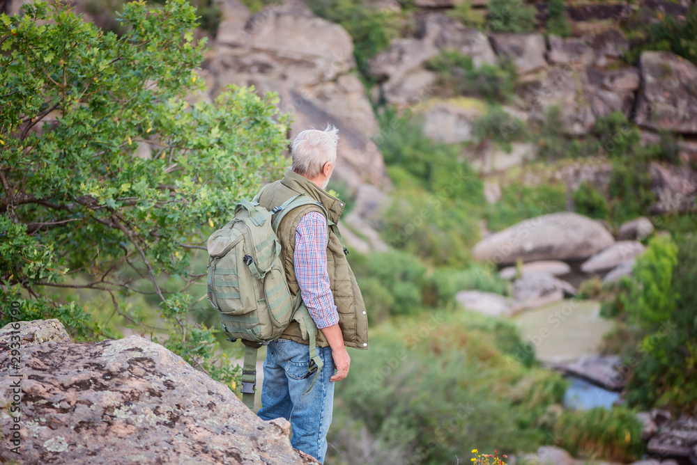 Back view of tourist man with a gray beard with a backpack on his shoulders against the backdrop of the gorge, rocks and stones, the concept of tourism and outdoor activities in old age Back view of tourist man with a gray beard with a backpack on his shoulders against the backdrop of the gorge, rocks and stones, the concept of tourism and outdoor activities in old age