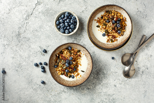 Homemade granola with yogurt and blueberry