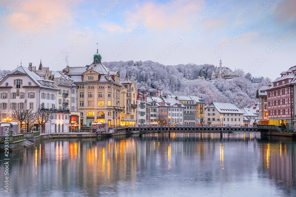 Historic city center of downtown Lucerne with  Chapel Bridge and lake Lucerne in Switzerland