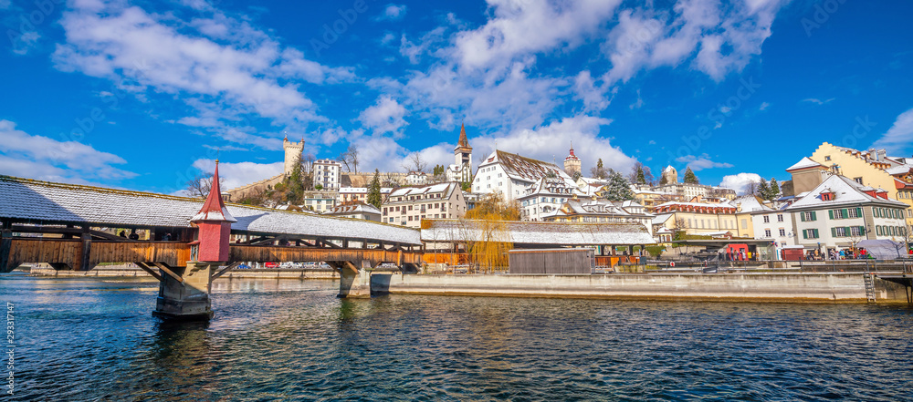 Historic city center of downtown Lucerne with  Chapel Bridge and lake Lucerne