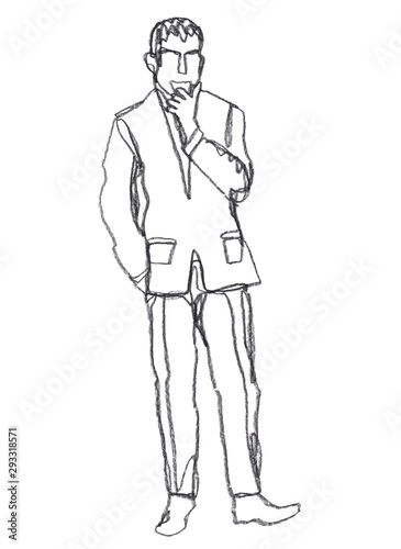 A linear sketch of a man in a suit that holds his chin in thought and the other hand in his trouser pocket. Concept of riddle  important question  brainstorming. Hand-drawn illustration with pencil is