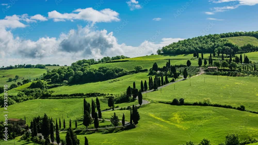 Time Lapse - Tuscany Landscape with Cypress Trees and Rolling Hills - 4K