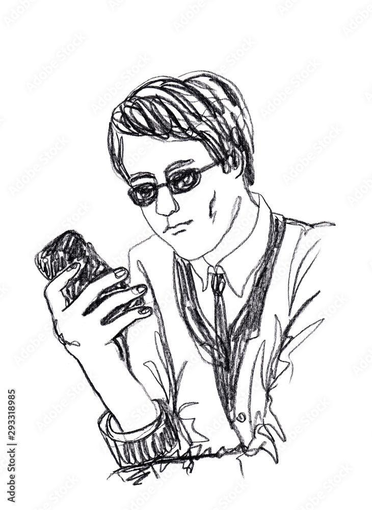 Portrait of the top of a young man in a jacket and tie and with black glasses on his eyes. He holds the phone in his right hand and looks at it. Line drawing isolated on white using pencil sketch tech