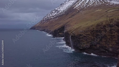 Aerial view of Vidareidi cliffs, Vidoy island, Faroe Islands, Denmark