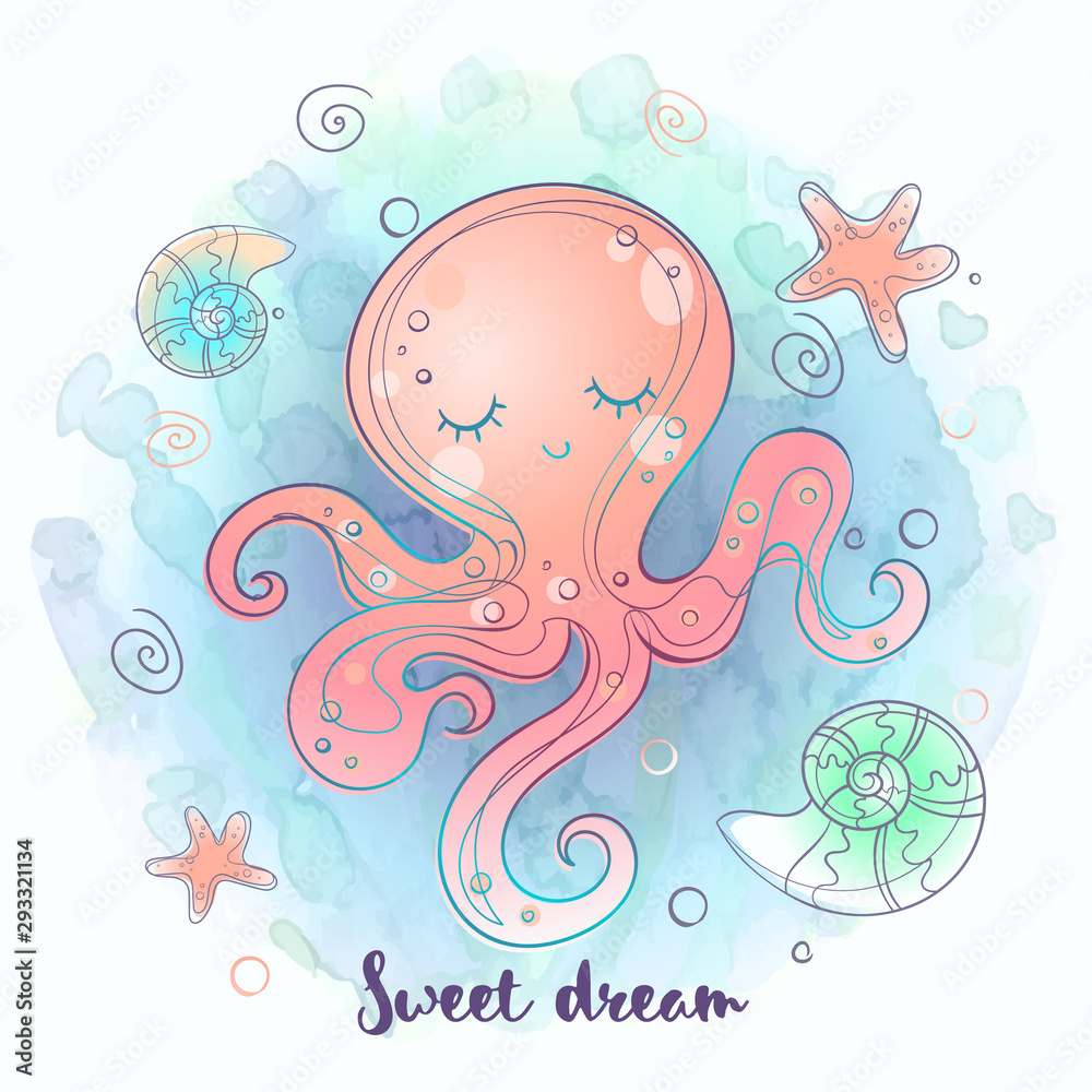 Cute octopus sleeps. Sea world Vector