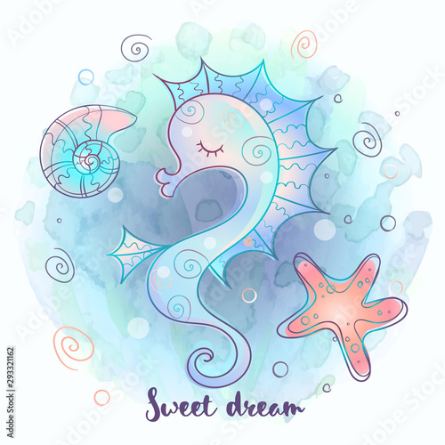 Cute seahorse sleeping sweetly. Sea world. Vector.