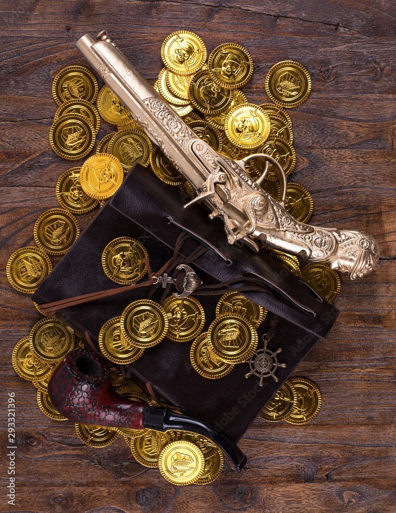 pistol, gold pirate coins, treasure hunting, gaming concept pistol, gold pirate coins, treasure hunting, gaming concept