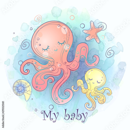 Octopus mom with a toddler. Baby shower. Watercolor. Vector.