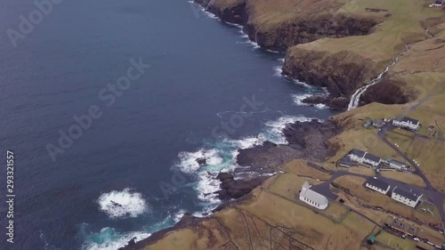 Aerial view of Vidareidi church, Vidoy island, Faroe Islands, Denmark