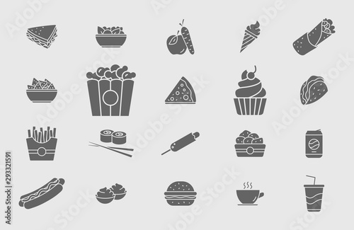 Fast food icons set - Vector solid silhouettes of sandwich, burger, hot dog, meat and desserts for Web or Mobile