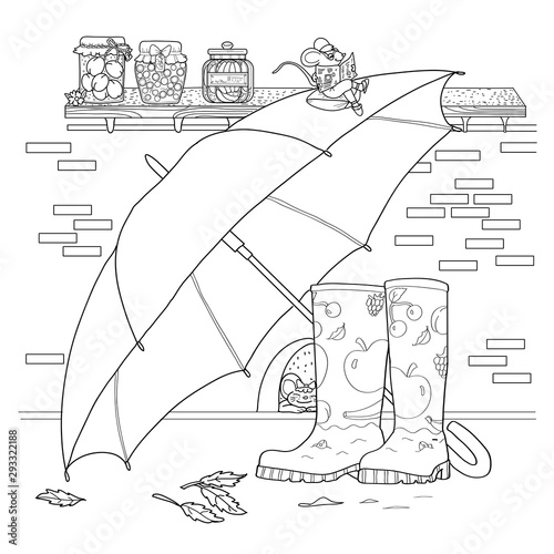 Umbrella, boots, mouse, cellar. Autumn theme. For design element and coloring book, coloring page, coloring picture for anti stress. Vector illustration