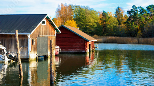 Fotografija Boatsheds at Turku archipelago, Finland on a beautiful autumn day