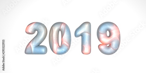 Happy New Year 2019. Holiday 3D render of lunar textures with light waves 2019. Realistic 3d sign. Holiday poster or banner design.