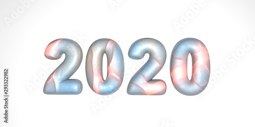Happy New Year 2020. Holiday 3D render of lunar textures with light waves 2020. Realistic 3d sign. Holiday poster or banner design.