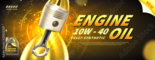 Engine oil advertisement banner. Vector illustration with realistic piston and motor oil on bright background. 3d ads template.