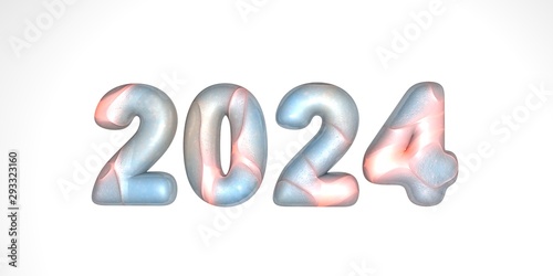 Happy New Year 2024. Holiday 3D render of lunar textures with light waves 2024. Realistic 3d sign. Holiday poster or banner design.